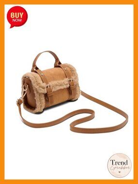 Vintage Satchel Crossbody Bag with Faux Fur Trim - Top Handle Leather Handbag